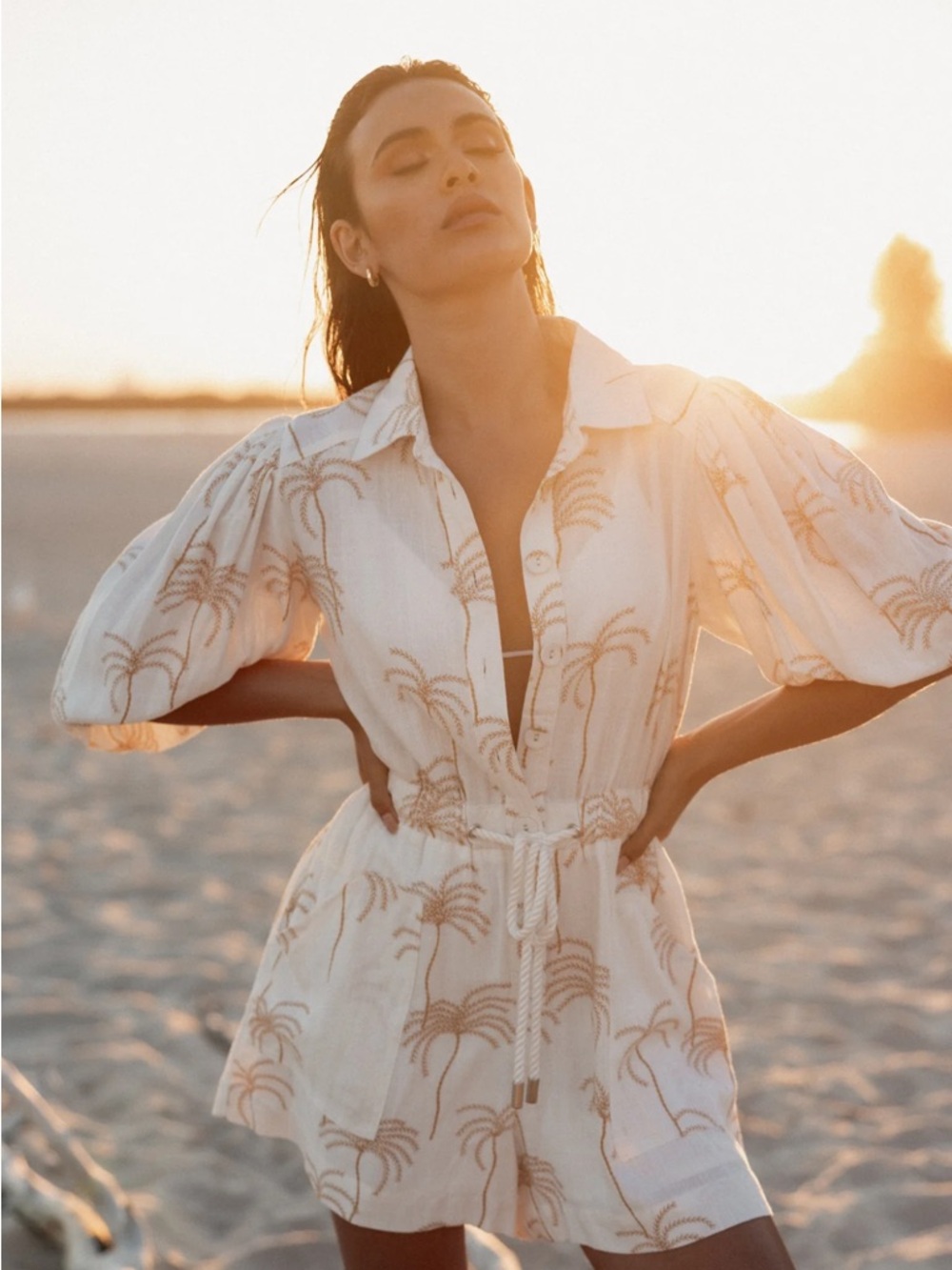 NWT Petal & Pup Gina White Palm-Print Linen Romper size M